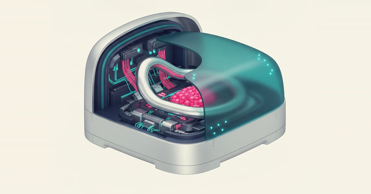 AI concept illustration: Rounded enclosure with controlled surfaces and an internal passage