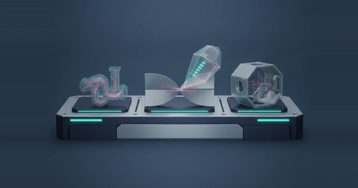 AI concept illustration: Difficult geometric specimens on a conceptual inspection bench