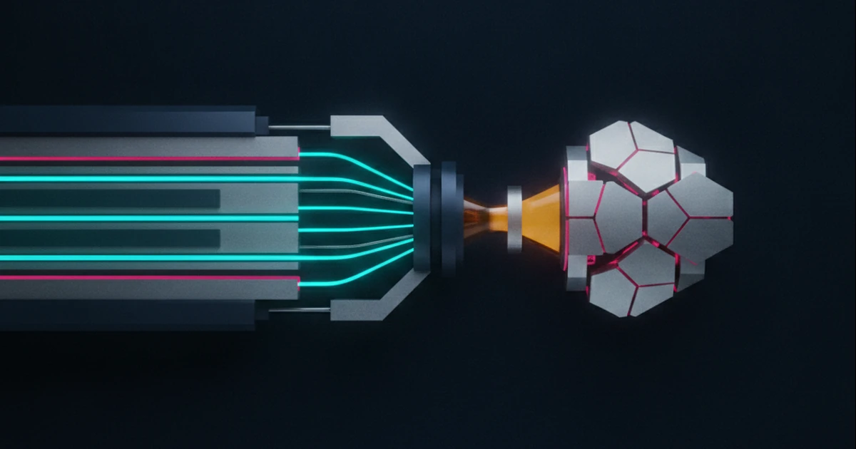 AI concept illustration: Parallel computation streams converging at a bottleneck
