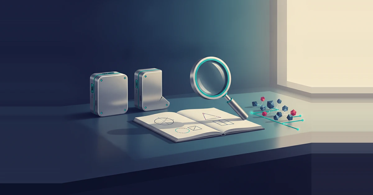 AI concept illustration: Geometric prototypes and a research notebook on a desk