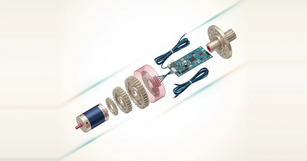 AI concept illustration: Rotary actuator with motor, gears, sensor and wiring