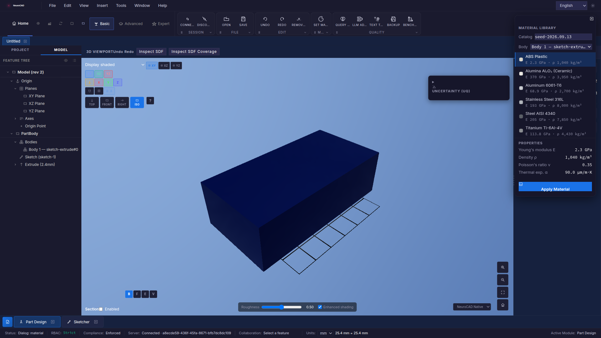 Chertalo — Material selection with catalog properties.