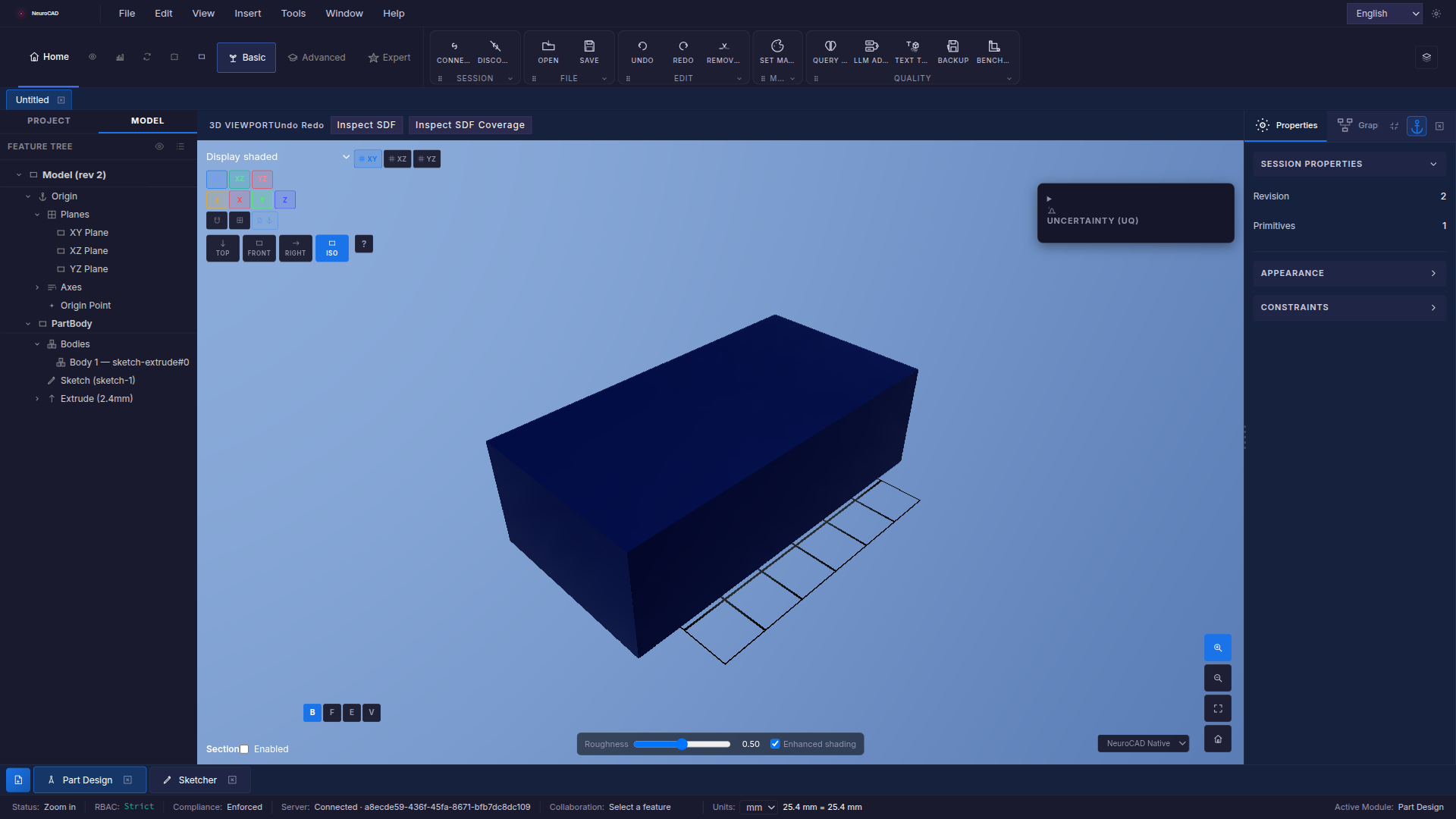 Chertalo — From a rectangle sketch to a solid extrusion.